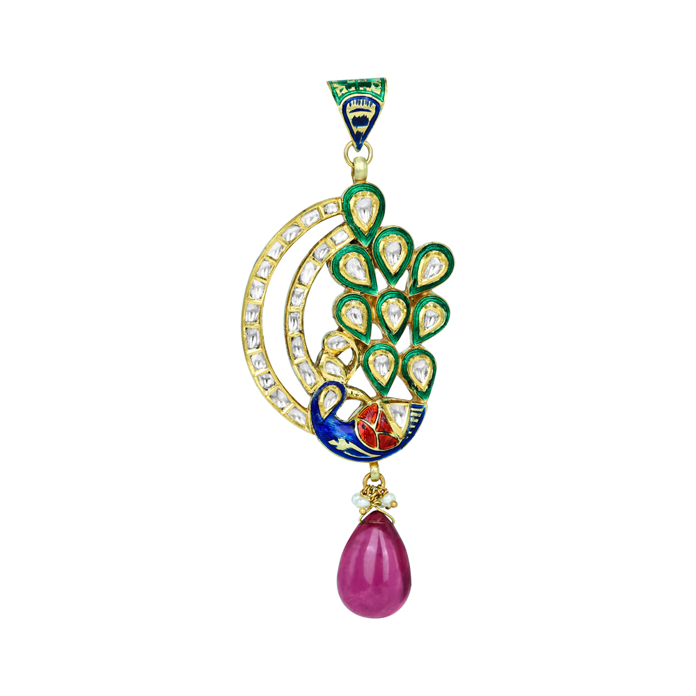 Peacock Enamel Pendant with Polki Diamonds and Tourmaline Drop
